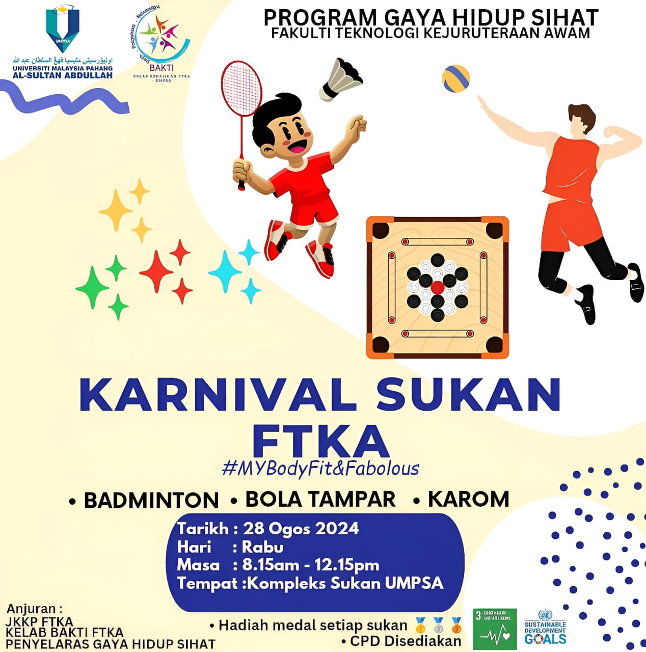 Program Gaya Hidup Sihat 2.0 Fakulti Teknologi Kejuruteraan Awam - Karnival Sukan FTKA, UMPSA 2024 pada 28 Ogos 2024 bertempat di Dewan Kompleks Sukan, UMPSA Kampus Gambang